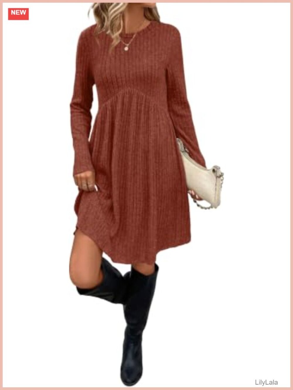 Long Sleeve Crew Neck Empire Waist Tunic Dress with Pockets